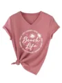Casual women v-neck short sleeve t-shirt with beach life print and stylish knot hem top - S / Rose Gold