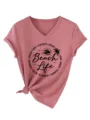 Women casual V-neck short sleeve T-shirt with beach life graphic and chic knot hem. - S / Rose Gold