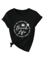 Casual Women V-Neck Short Sleeve T-Shirt Summer Beach Life Print Tee Top Black Fashion - S / Black