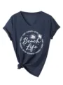 Women's Navy Blue V-Neck Short Sleeve T-Shirt Casual Beach Life Graphic Tee With Knot - S / Navy Blue
