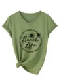 Women's army green V-neck short sleeve t-shirt with beach life graphic and knot hem design. - S / Olive Green