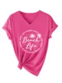 Women pink v-neck short sleeve t-shirt beach life graphic casual summer top shirt - S / Rose Red