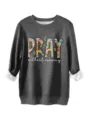 Dettaglio felpa donna casual spessa felpata manica lunga con stampa lettera PRAY floreale grigia - Grigio scuro