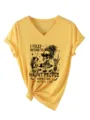 Vrouwen gele V-hals korte mouw grafisch t-shirt met skeleton print casual top kleding. - S / Geel