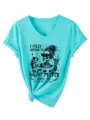 Turquoise V-hals t-shirt detail met grappige skelet grafische print en opgerolde boorden. - S / Diep Waterblauw
