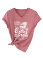 Dames v-hals korte mouw grafisch t-shirt casual grappige skeleton print top mode - S / Roségoud