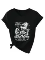 Casual zwarte V-hals korte mouw dames t-shirt met zijknoop en grappige skeleton opdruk. - S / Zwart