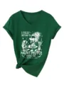 Donkergroen V-hals korte mouw t-shirt detail met witte skelet print en geknoopt zoomontwerp. - S / Vintage Groen