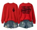 Women casual red crewneck sweatshirt featuring skeleton hand and funny back letter print. - S / Tops / Red (Black Graphic)