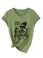 Gedetailleerd overzicht van een olijfgroen V-hals T-shirt met grappige skeletprint. - S / Olijfgroen