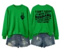 Green casual long sleeve sweatshirt with funny text print and denim shorts set for women. - S / Tops / Grass Green (Black Graphic)