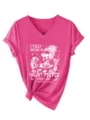 Felroze V-hals korte mouw dames t-shirt voorzien van een grappige skelet print. - S / Rozerood