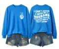 Women's casual crewneck long sleeve sweatshirt with funny back slogan print blue top fashion. - Lake Blue (White Graphic)