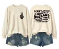 Women's casual long sleeve crewneck sweatshirt and denim shorts set with funny back print. - Sand (Black Letter Graphic)