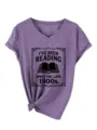 Casual purple v-neck short sleeve t-shirt with cute reading graphic and tied hem design. - 3812-Purple (Black Font)
