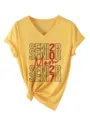 Damen Gelb V-Ausschnitt Kurzarm T-Shirt Lässige Senior 2027 Mom Glitzer Grafik Top - S / Gelb