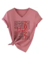 Altrosafarbener V-Ausschnitt Kurzarm T-Shirt mit Seitenknoten und Senior 2027 Mom Print. - S / Roségold