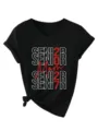 Schwarzes Damen V-Ausschnitt Kurzarm T-Shirt mit stilvollem Grafikdruck und Knotendetail. - S / Schwarz