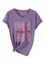 Damen lila V-Ausschnitt Kurzarm T-Shirt mit Senior 2027 Mom Glitzer Grafik Knoten Saum - S / Lila