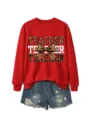 Roter Lehrer Leopardenmuster Schleife Sweatshirt kombiniert mit Jeans Shorts für Damen. - S / Rot