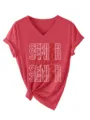 Rotes V-Ausschnitt Kurzarm T-Shirt mit Senior 2027 Mom Glitzer Grafik und modischem Knoten. - S / Rot