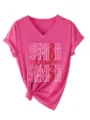 Heißrosa V-Ausschnitt Kurzarm T-Shirt Detail mit Senior 2027 Mom Glitzer Grafik Druck. - S / Fuchsia