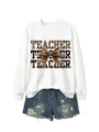 Sudadera con estampado de leopardo de profesor para mujer con shorts de mezclilla casual - S / Blanco