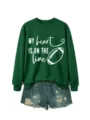 Felpa da donna verde a manica lunga con stampa grafica a cuore di football casual - Taglia S / felpa verde scuro (scritta bianca)