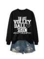 Lässiger schwarzer Langarm Volleyball Buchstaben Druck Damen Pullover Alltag Kleidung - S / Schwarzes Sweatshirt (Weißes Textmuster)