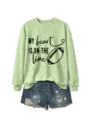Comoda felpa casual da donna a maniche lunghe con stampa e pantaloncini denim fashion. - Taglia S / felpa verde oliva (scritta nera)