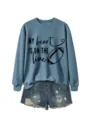 Felpa casual da donna blu a maniche lunghe con grafica da football e stampa di lettere. - felpa blu (scritta nera) / Taglia S