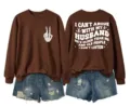 Women casual brown sweatshirt with funny back letter print and skeleton hand front detail. - Coffee (White Letter Graphic)
