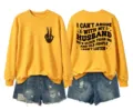 Women yellow crewneck sweatshirt with funny slogan and skeleton hand print matching denim shorts - Yellow (Black Letter Graphic)