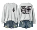 Detail view of the graphic sweatshirt showing front skeleton hand print and funny back text. - Gray (Black Letter Graphic)