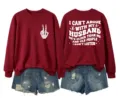 Women casual long sleeve maroon sweatshirt paired with denim shorts featuring fun back print. - Wine Red (White Letter Graphic)