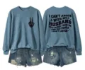Casual women's long sleeve sweatshirt and denim shorts set with funny back print. - Blue (Black Text Color Graphic)