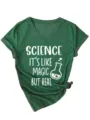 Dames V-Hals Korte Mouw T-Shirt Wetenschap Magie Print Casual Zomer Groene Mode Top - Retro Groen (Witte Lettertype)