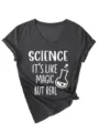 Dames V-hals korte mouw t-shirt met leuke wetenschappelijke slogan detail, casual top. - 3812-Donkergrijs Gemêleerd (Wit Lettertype)
