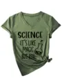 Dames Wetenschap V-hals Korte Mouw T-Shirt Casual Shirt met Motief Detail Weergave - Olijfgroen (Zwarte Lettertype)