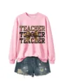 Sudadera gráfica de profesora para mujer, top rosa de manga larga con lazo de leopardo tierno. - S / Rosa