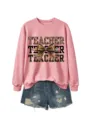 Sudadera rosa casual de manga larga combinada con shorts vaqueros y estampado de letras. - Sudadera oro rosa (patrón de texto negro) / S