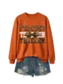 Sudadera naranja mujer maestra estampado leopardo lazo con pantalones cortos vaqueros. - Sudadera naranja quemado (estampado blanco) / S