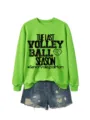 Gruener Rundhals Pullover und Jeansshorts Set mit Volleyball Motiv fuer Damen - Neongrünes Sweatshirt (Schwarzes Muster) / S
