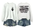 Casual women's long sleeve grey sweatshirt with front skeleton hand and funny back print. - Off-white (Black Graphic)