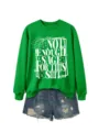 Green long sleeve sweatshirt detail with graphic print and denim shorts outfit match view. - S / Tops / Grass Green (White Letters)