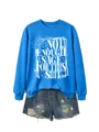 Comfortable blue long sleeve sweatshirt with funny sage text paired with distressed denim shorts. - Lake Blue (White Letters)