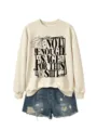 Women casual long sleeve crewneck sweatshirt paired with stylish distressed denim shorts. - Sand (Black Font)