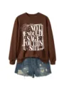 Brown long sleeve graphic sweatshirt for women, casual crewneck pullover with cute print top. - Coffee (White Font)