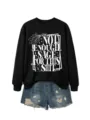 Black long sleeve sweatshirt with funny sage print paired with blue denim shorts for women. - Black (White Font)