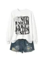 Close-up detail of white crewneck long sleeve sweatshirt featuring funny typography graphic print. - White (Black Font)